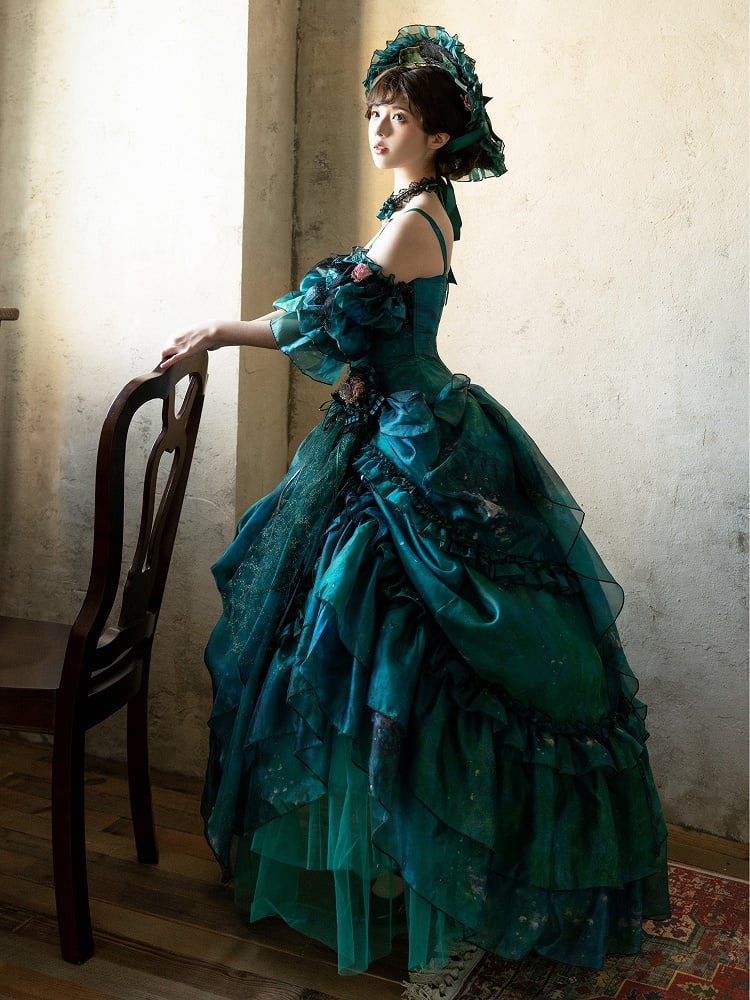 Grüner Waldfee-Lolita-Rock mit asymmetrischem Ölgemälde-Design und floraler Haarspange