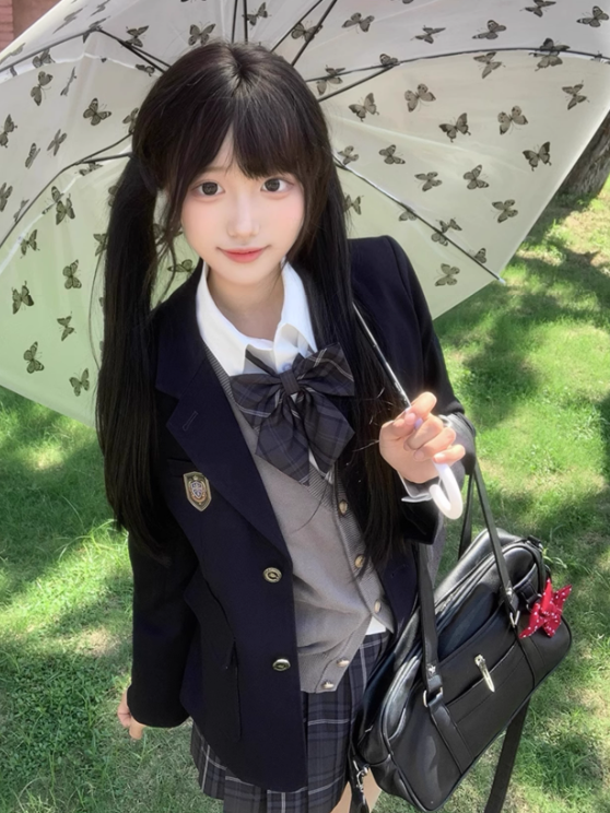 Blazer Button Preppy JK Manschetten verziert blau Stil Abzeichen Uniform dunkles Design