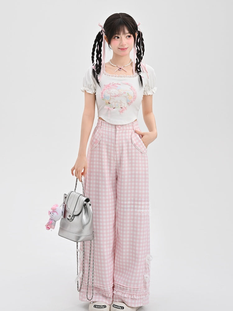 ピンクチェック柄ハイウエストレースリボンワイドレッグパンツ（レギュラー/ショート）