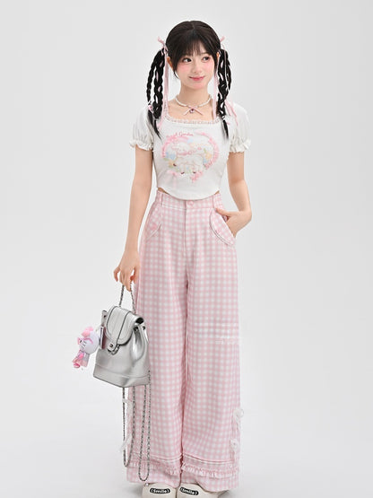 ピンクチェック柄ハイウエストレースリボンワイドレッグパンツ（レギュラー/ショート）