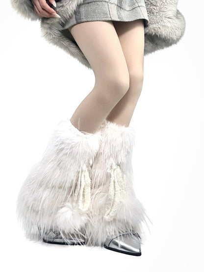 ブラック/ホワイト/パープル Y2K シャギー ボウノット レッグウォーマー ポンポン付き