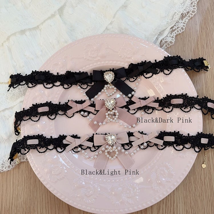 Heart Lolita Choker 9 Rhinestone Kei Chain Colors Bow | Jirai Bead