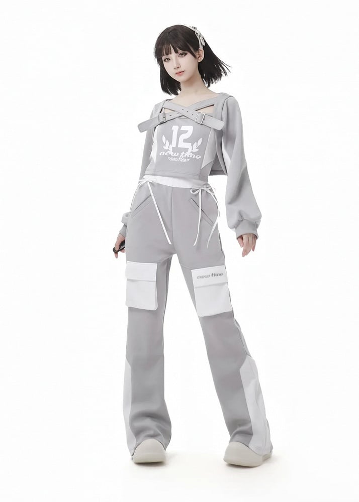 Graues Camisole-Set mit weißem Design und Colorblock-Grafik-Oberteil mit überkreuzten Schnallenträgern