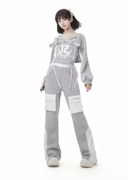 Graues Camisole-Set mit weißem Design und Colorblock-Grafik-Oberteil mit überkreuzten Schnallenträgern