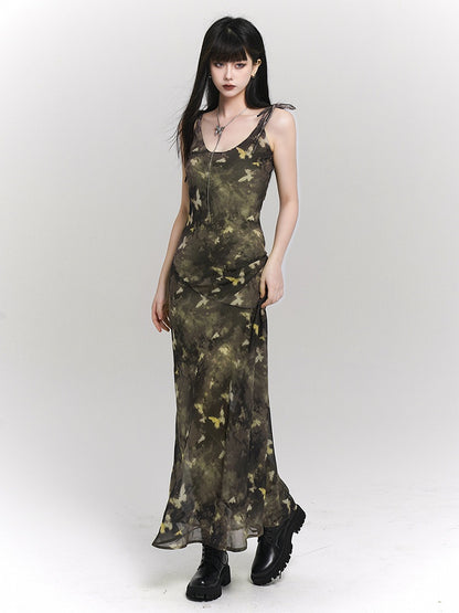 Tie-Strap Adjustable Print with Slip Green Butterfly Dress Ankle-Length Gothic