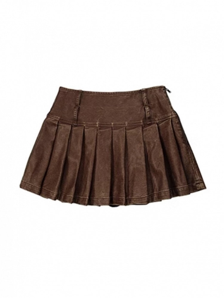 Buckles Fashion Brown Millard Autumn Pleated PU Heart-Shaped with for Mini Skirt