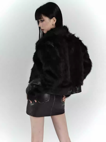 Black Zip Closure Shaggy PU Jacket