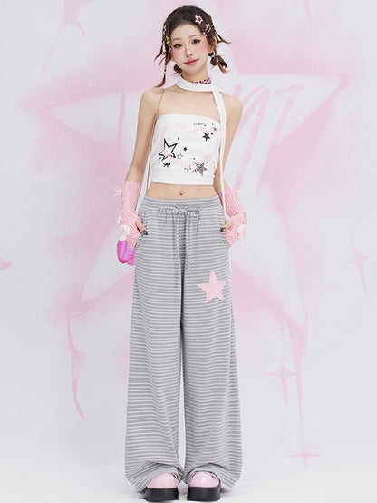 Graue, gestreifte Jogginghose mit geradem Bein und Sternenaufnäher