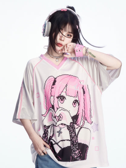 ピンクのルーズTシャツ Vネック 漫画ガールプリント ブロケットコア