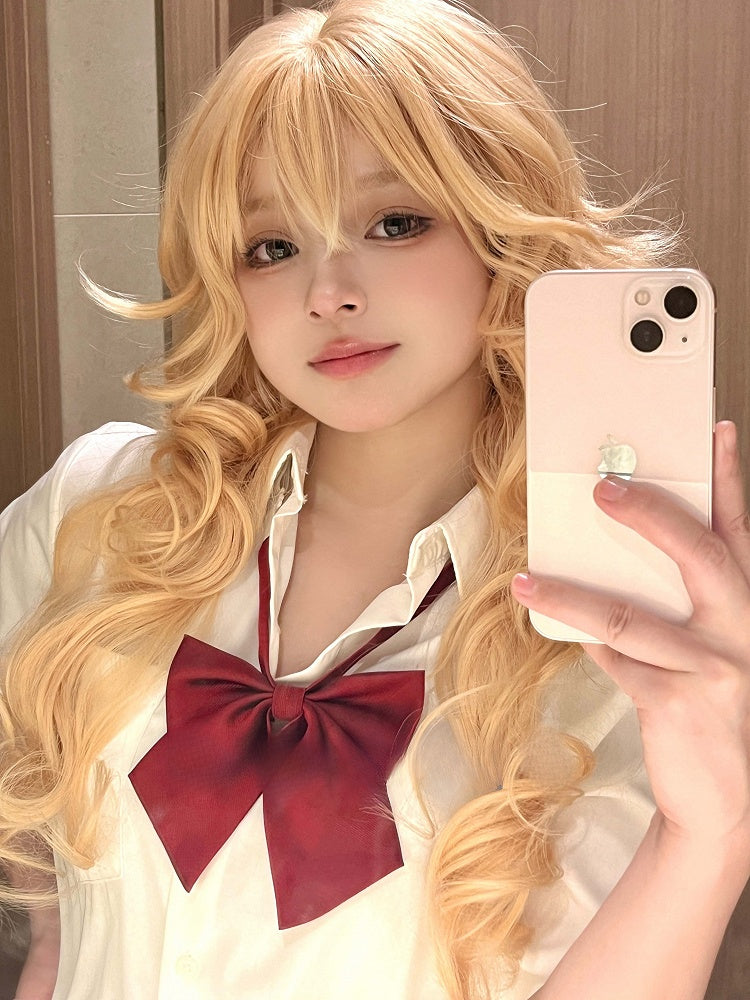 ブロンドのウェーブヘア、前髪70cmのエアウィッグ