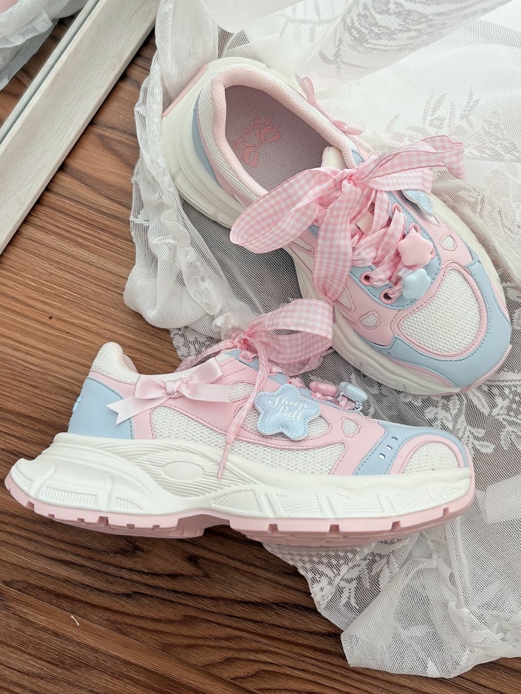Sneakers Lolita Pink Pattern Plaid Sweet - Lace-Up Blue Closure