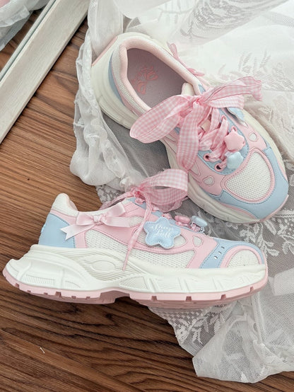 Sneakers Lolita Pink Pattern Plaid Sweet - Lace-Up Blue Closure