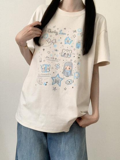 Off-White Cartoon Print Cool Touch Short Sleeve T-Shirt - PINK SAVIOR