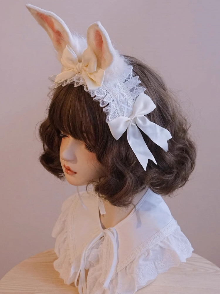 耳のディテールトリムレースホワイトバニーボウノットKC