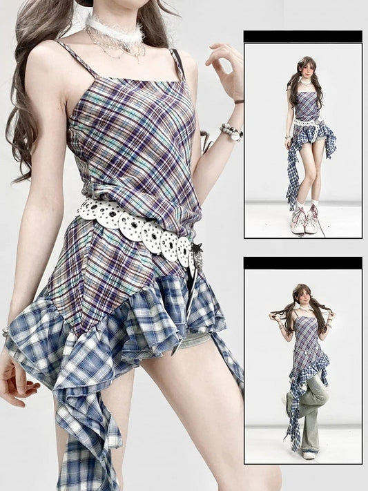 Pattern Asymmetrical Plaid Glamorous Cami Hem Y2K Top BluePurple