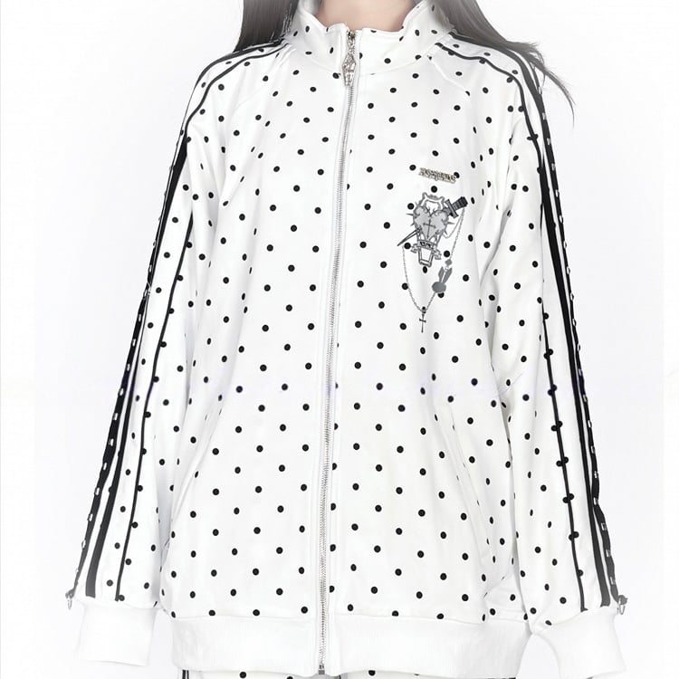 Printed Long-Sleeve Kei Jacket with Polka Jirai Decorations Stud Dot Casual White