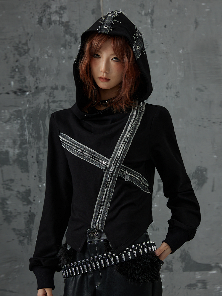 Strickjacke mit Denim-Patchwork-Reißverschluss-Akzenten, schwarzer Punk-Kreuzstrick mit Kapuze