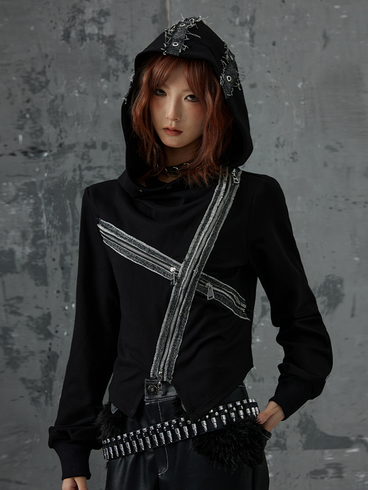 Cardigan With Denim Patchwork  Zipper Accents Black Punk Cross Knit Hooded