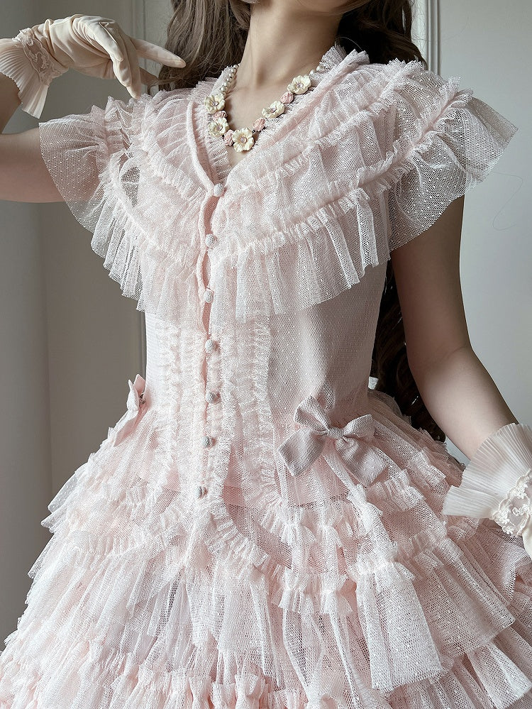Mesh-Set Rosa Weste Baumwolle Lolita Gürtel Elegante gepunktete Taille - Mehrlagiger Tüllrock Klassisch +