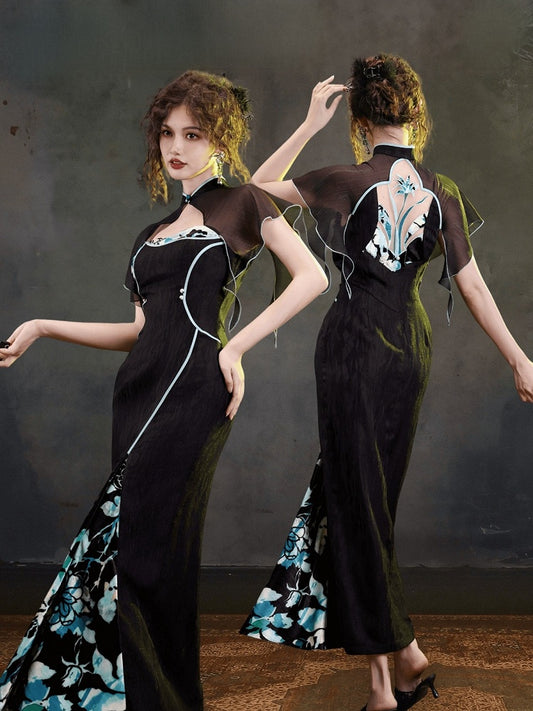 Cheongsam Style Side Slit Gown with Dark Floral Embroidery Back & Flutter Sleeves - sijinstudio