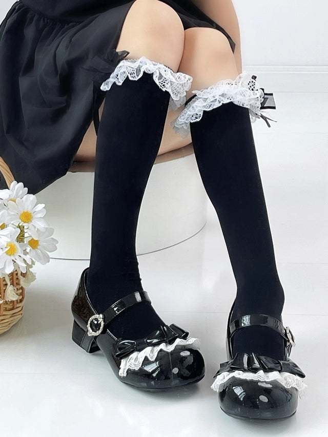 Süße High Heels mit niedrigem Zeh und rundem Lolita-PU-Leder in Schwarz