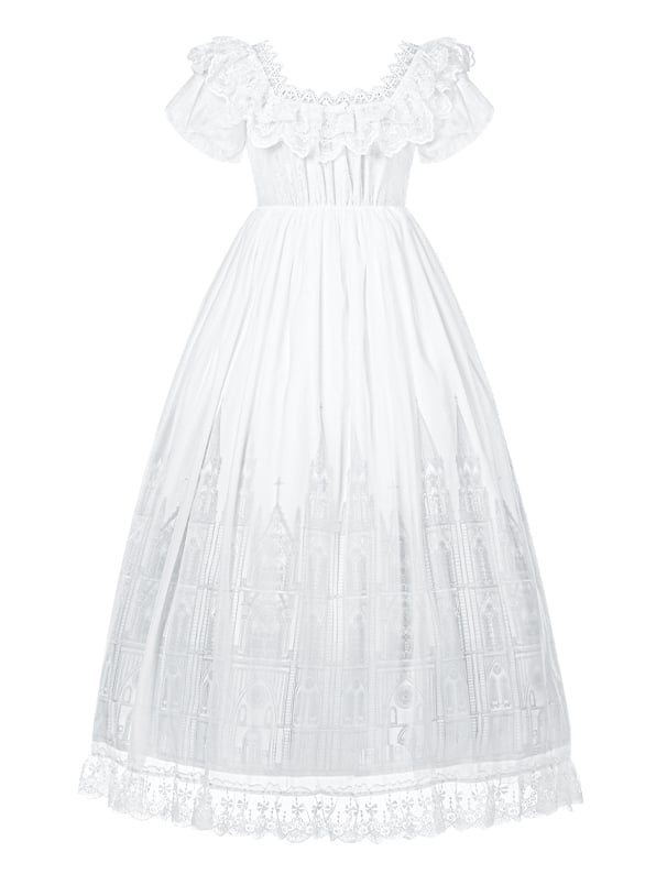 Kleid mit quadratischem Ausschnitt, Spitze, lang, Gothic, Kreuzdruck, Besatz, weiß, Lolita, Gothic, Burgversion