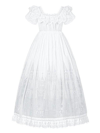 Dress Square Neckline Lace Long Goth Cross Print Trim White Lolita Gothic Castle Version