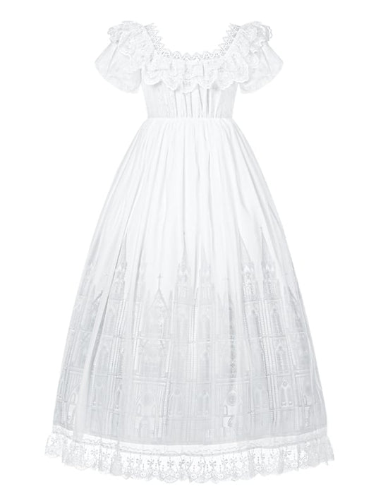 Dress Square Neckline Lace Long Goth Cross Print Trim White Lolita Gothic Castle Version