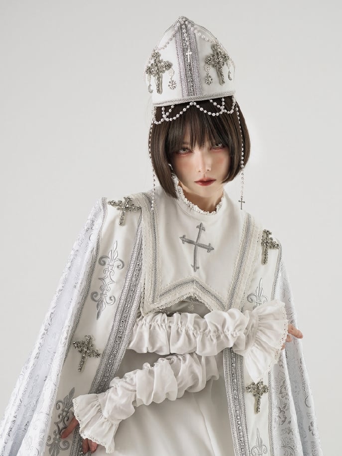 Embroidery Silver Cross Lolita Decorated Details Nun White and Cloak