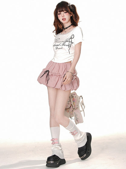 グレーレタープリント ドローストリングウエストTシャツ