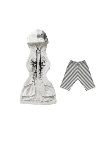 Striped Cutout Graffiti White Casual Hoodie  Punk Dress Shorts Two-Piece Set: