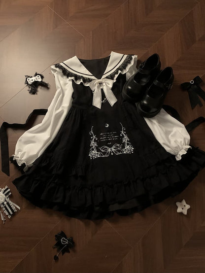 Black Jirai Print Design White Lace Bow Decor Dress and with Trim Ruffle Long-Sleeve Kei