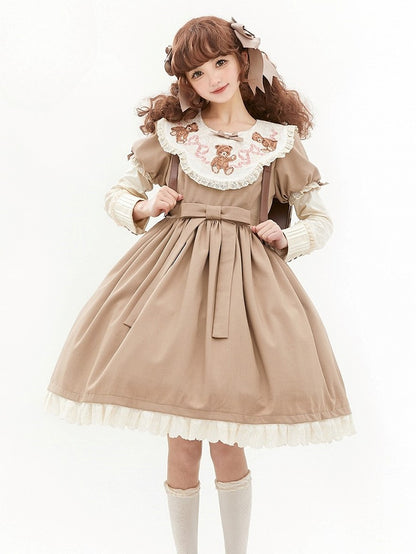Sweet Dresswith Coffee Teddy Lolita Puff Embroidered Bear Neckline Sleeves Trim Lace