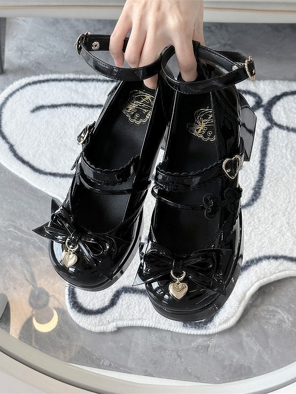 Bows Snap with Lolita Shoes Black Heart-Shaped Elegant High-heel