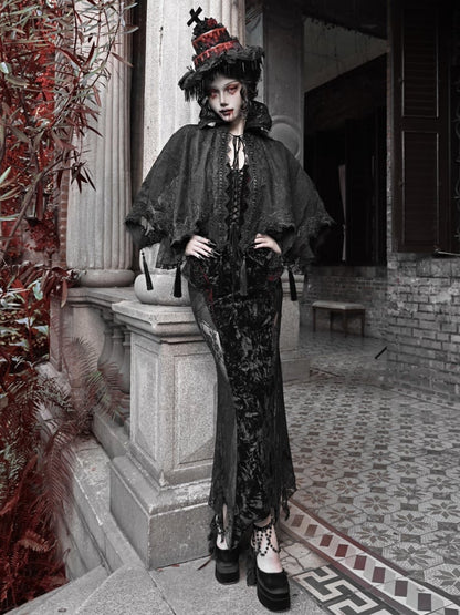 ブラックゴスヴァンパイアレースショールケープタッセルヘム