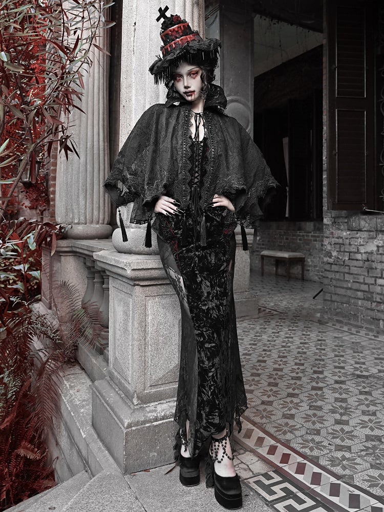 Goth Tassels Hem Lace Vampire Stand Black Collar Cape Shawl