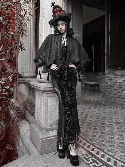 Goth Tassels Hem Lace Vampire Stand Black Collar Cape Shawl