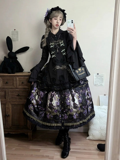 Lolita Set + Embroidery Floral Top Skirt Hairband Print Full Apron Jacquard Bow