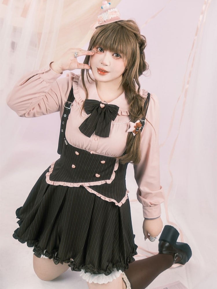 Elastic Size with Set: Straps Trim Black Striped Waist Skirt Adjustable Overall Ruffled Bloomers Plus