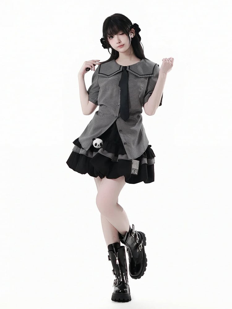 Bow Back Black Square Collar Self-tie Plaid Blouse with Necktie