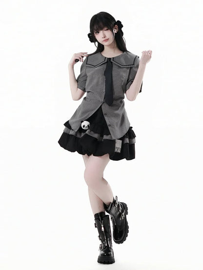 Bow Back Black Square Collar Self-tie Plaid Blouse with Necktie