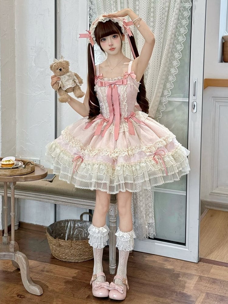 Kleid Rock verziert süß Jumper Lolita Balletcore rosa Bowknots