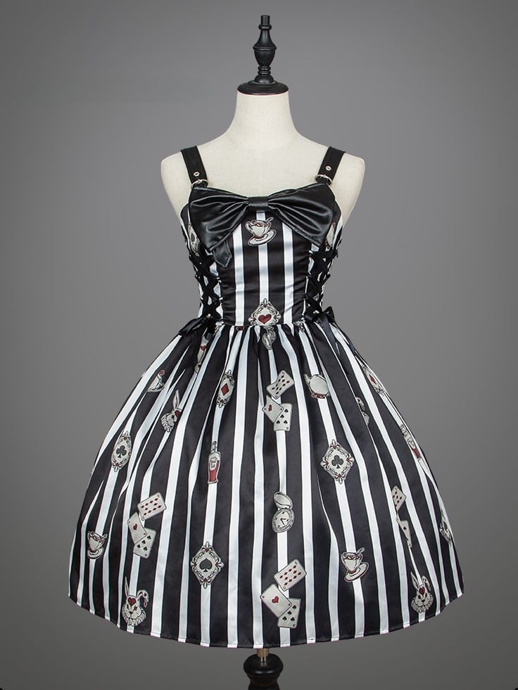 Black with Playing Striped Punk Card Lolita Dress and White Prints