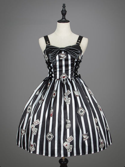 Black with Playing Striped Punk Card Lolita Dress and White Prints