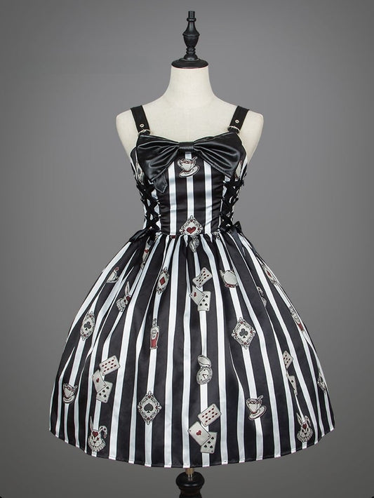 Black with Playing Striped Punk Card Lolita Dress and White Prints