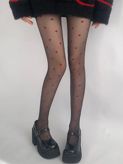 Black Pattern Red with Heart Tights