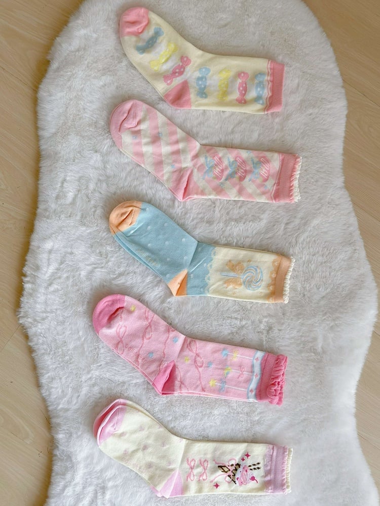 Pink/Blue Lolita Print Cookie/Candy/Ice Calf Socks Cream/Lollipop/Bowknot