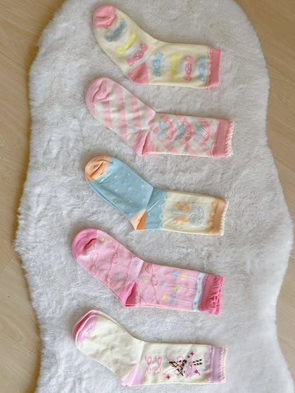 Pink/Blue Lolita Print Cookie/Candy/Ice Calf Socks Cream/Lollipop/Bowknot