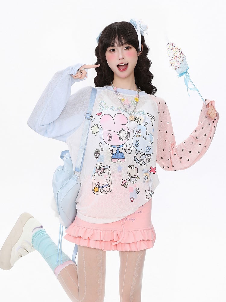 BlackWhite/PinkBlue Bunny  Kitten Print Long Sleeve Top - Daily Kawaii Colorblock Design