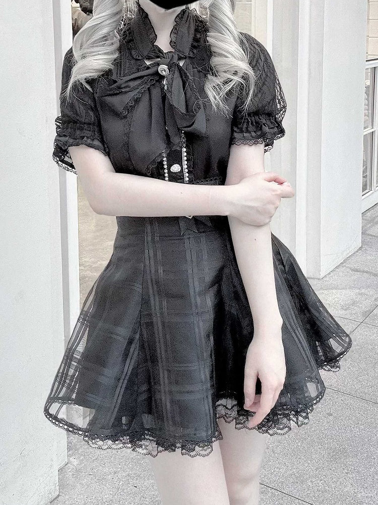 Neckline Chiffon Blouse Black Bow Kei Jirai with and Self-tie Fabric Style Lace